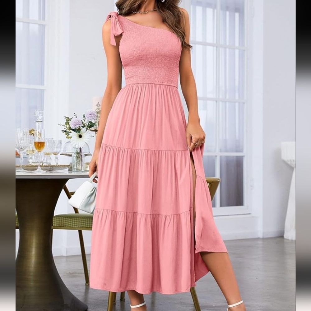 Merokeety One Shoulder Sleeveless Knot Smocked Midi Dress Pink Size S NWT